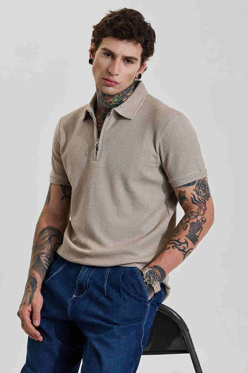 Muted Beige Textured Slim Fit Zipper Polo