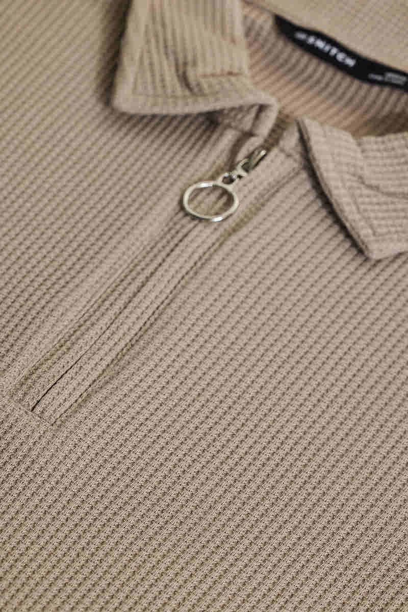 Muted Beige Textured Slim Fit Zipper Polo